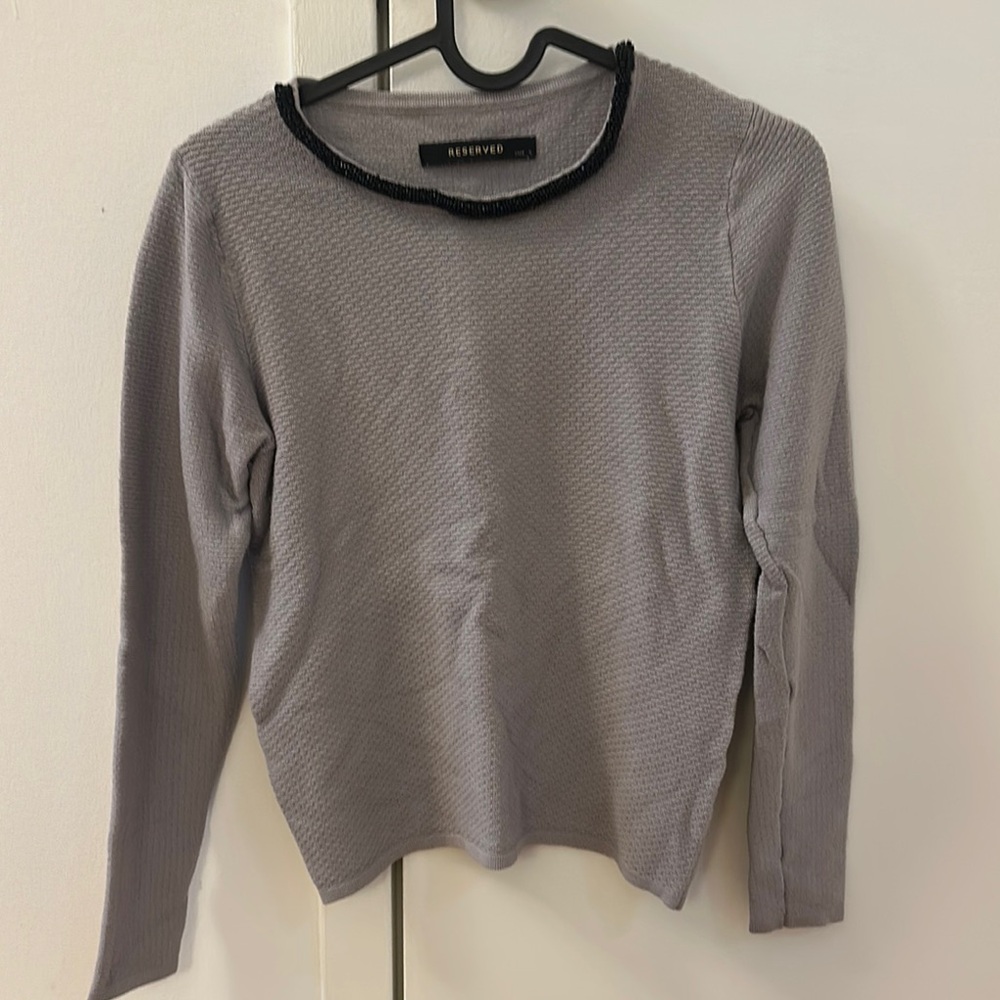 Reserved Black and Gray Ruffled Blouse with Peter Pan Collar